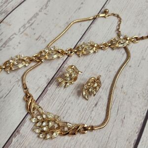 Gold-tone Crystal Leaf Necklace and Earring Set